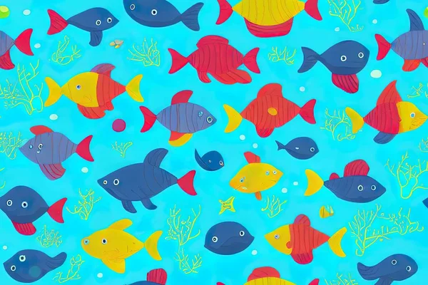 Sea fish characters cartoon seamless background. Sealife cute pattern with glitter elements. Textile for kids, notebook cover, wrapping paper. 2d illustrated illustration