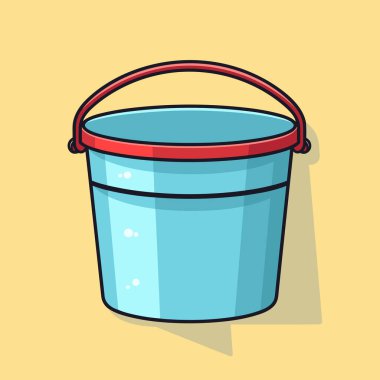 Sarı arka planda kırmızı saplı mavi bir kova.