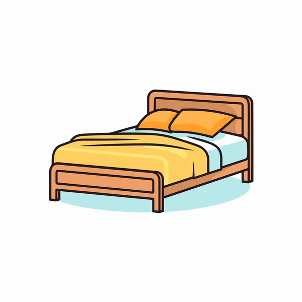 Ein Bett Mit Holzrahmen Und Einer Gelben Decke — Stockvektor
