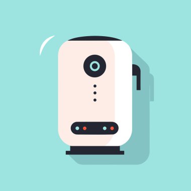 Mavi bir yüzeyde beyaz bir tost makinesi oturuyor.