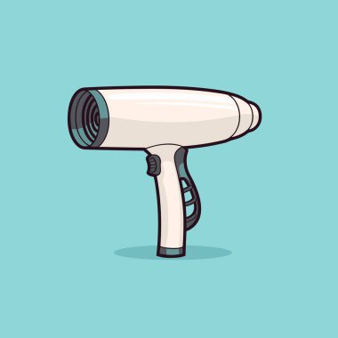 Mavi arka planda beyaz bir saç kurutma makinesi.