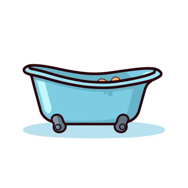 Beyaz arka planda tekerlekleri olan mavi bir küvet.