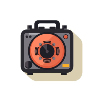 Beyaz arka planda turuncu ve siyah bir radyo.