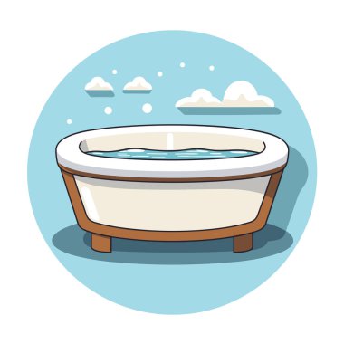 Mavi gökyüzü ve arkasında bulutlar olan bir küvet.