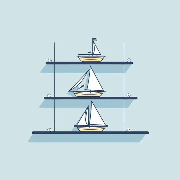 Tre Hyllor Med Segelbåt Och Båt — Stock vektor