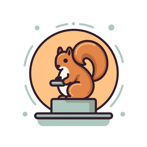 Ein Eichhörnchen Frisst Ein Stück Nahrung Auf Einem Teller — Stockvektor