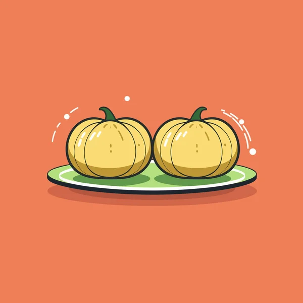 Zwei Kürbisse Auf Einem Teller Auf Orangefarbenem Hintergrund — Stockvektor