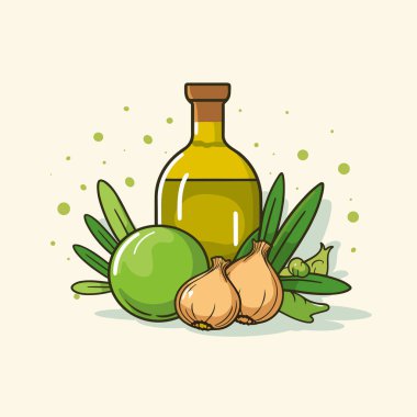 Sarımsağın yanında bir şişe zeytinyağı.