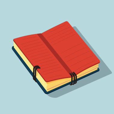 Mavi arka planda siyah kurdeleli kırmızı bir kitap.