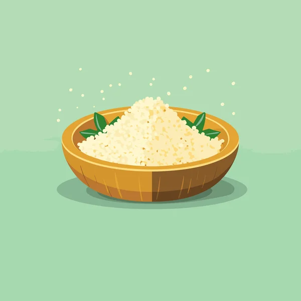 Wooden Bowl Filled Rice Top Green Table — Stock Vector