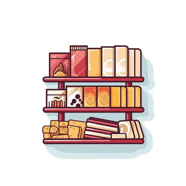 书架上放满书籍和其他物品的书架上 — 图库矢量图片