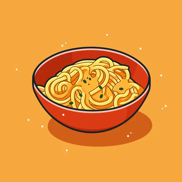 黄色のテーブルの上に麺でいっぱいの赤いボウル — ストックベクタ