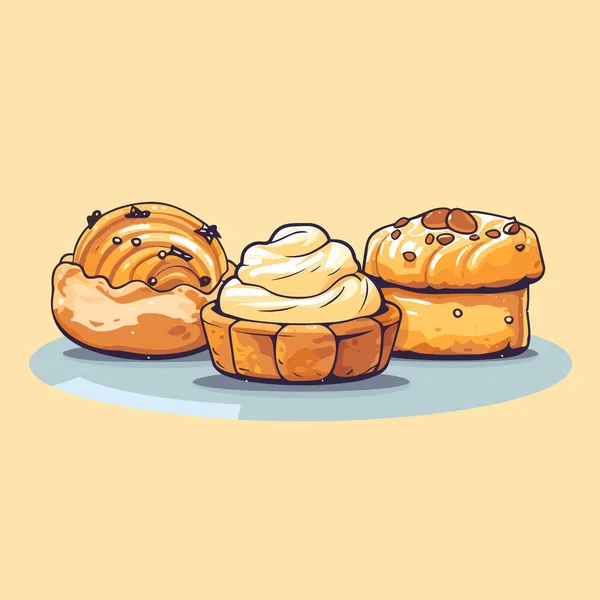 Trois Différents Types Pâtisseries Sur Fond Jaune — Image vectorielle