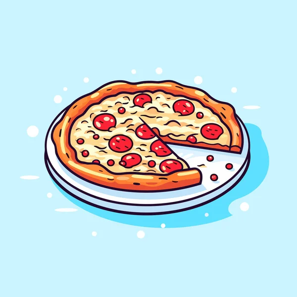 Ein Stück Pizza Auf Einem Teller Vor Blauem Hintergrund — Stockvektor
