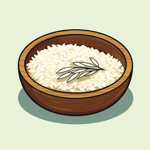 Eine Hölzerne Schüssel Gefüllt Mit Reis Und Einem Zweig Rosmarin — Stockvektor