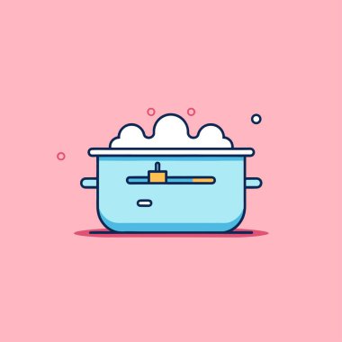 Pembe arka planda kaşığı olan mavi bir tencere.