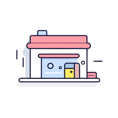 Pembe çatılı ve sarı kapılı bir bina.