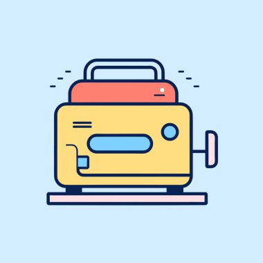 Mavi arka planı olan sarı ve kırmızı bir makine.