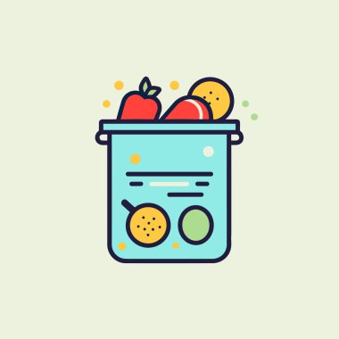 Meyve ve sebzelerle dolu mavi bir kap.