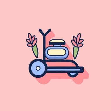 Pembe arka planda çiçekler olan bir çim biçme makinesi.