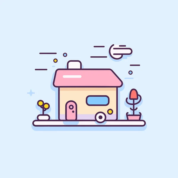 Een Klein Huis Met Een Roze Dak Een Roze Schoorsteen — Stockvector