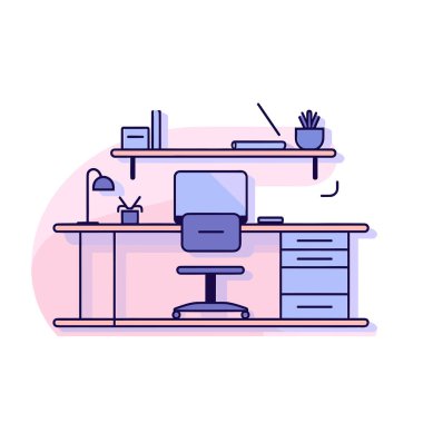 A desk with a chair and a computer on it clipart