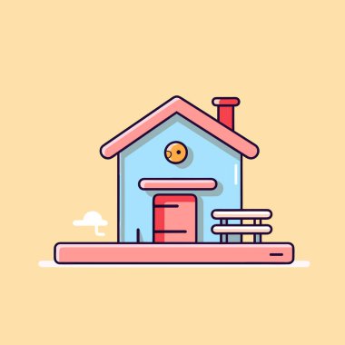 Kırmızı çatılı küçük mavi bir ev.