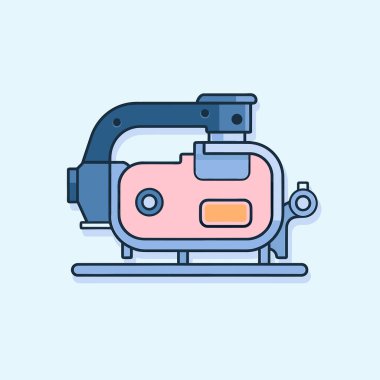 Açık mavi arkaplanı olan mavi ve pembe bir makine.