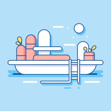 Üzerinde bir sürü şey olan bir tekne çizimi.