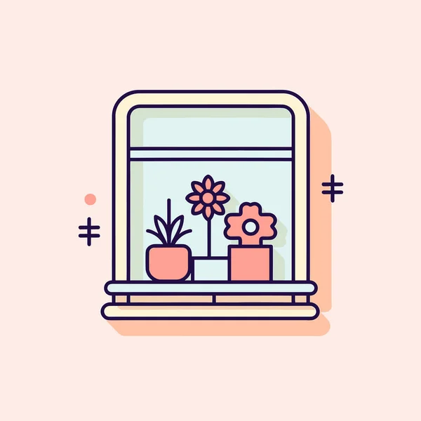 Rebord Fenêtre Avec Une Plante Pot Une Fleur Dedans — Image vectorielle