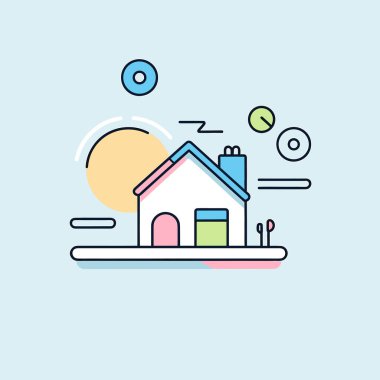 Arkasında güneş olan bir evin çizimi.