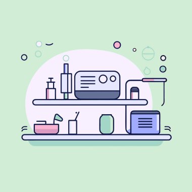 Üzerinde bir sürü farklı eşya olan bir raf.