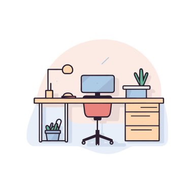 Bilgisayarı ve saksısı olan bir masa.