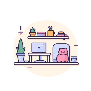 Bir bilgisayarın önünde rafta oturan bir kedi.