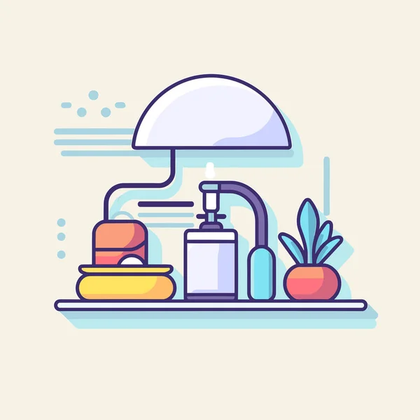 Ein Waschbecken Mit Wasserhahn Seife Und Anderen Gegenständen Darauf — Stockvektor