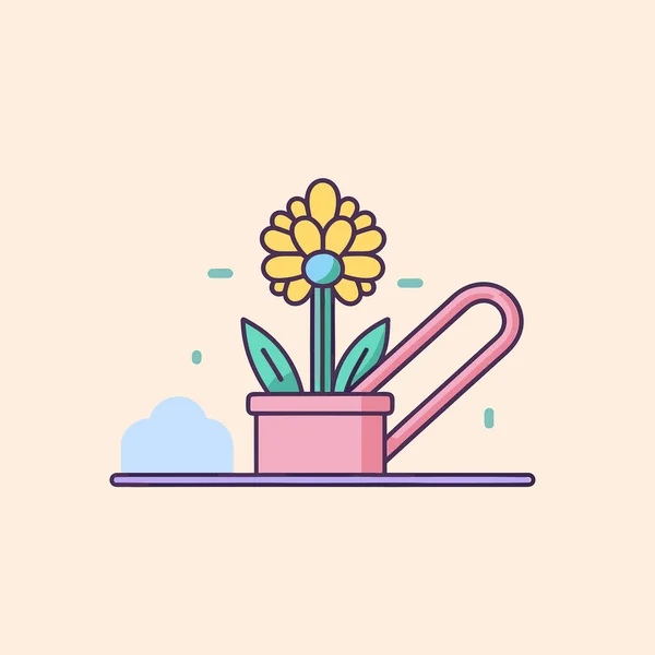 Eine Gelbe Blume Einer Rosa Gießkanne — Stockvektor