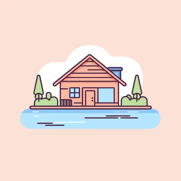 Une Maison Sur Une Petite Île Entourée Arbres — Image vectorielle