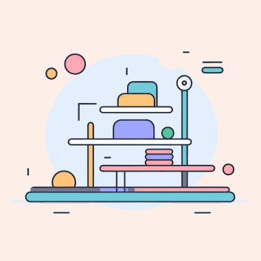 Sandalyesi ve rafı olan bir masa.