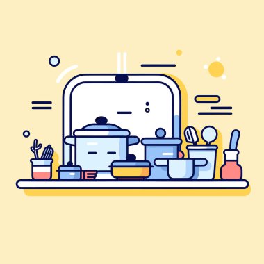 Mutfak rafında tencere tava var.