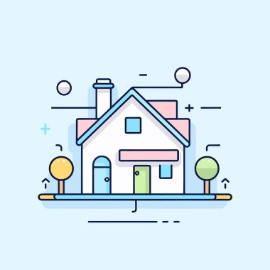 Yeşil kapısı ve mavi arka planı olan bir ev.