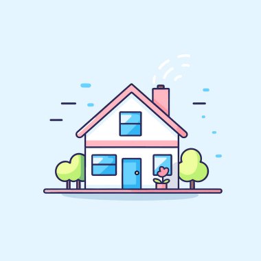 Önünde ağaçlar ve çalılar olan bir ev.