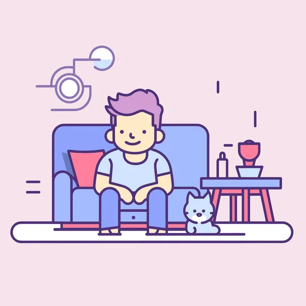 Hombre Sentado Sofá Junto Gato — Vector de stock