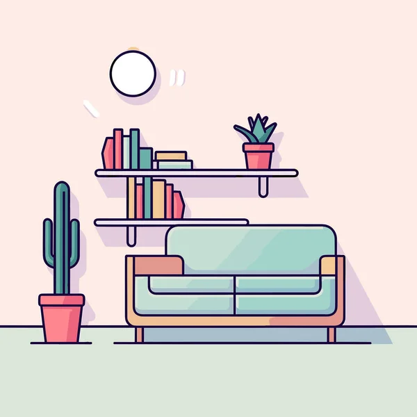Sebuah Ruang Tamu Dengan Sofa Rak Buku Dan Kaktus Pot - Stok Vektor