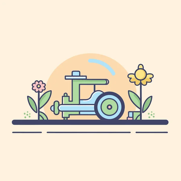 Egy Rajz Egy Traktorról Virággal Háttérben — Stock Vector