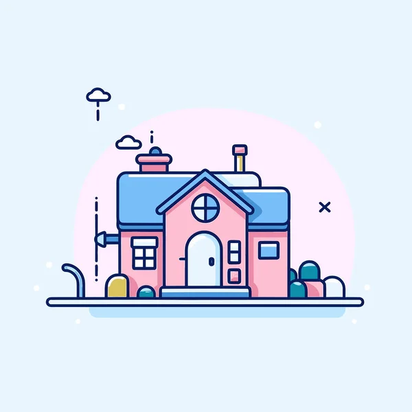 Een Roze Huis Met Een Blauw Dak Een Schoorsteen — Stockvector