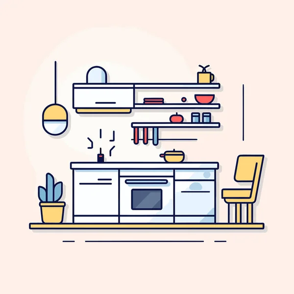 Line Drawing Kitchen Stove Shelves — Stock Vector