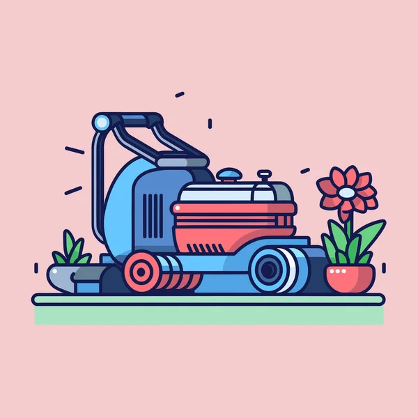 鉢植えの隣に座っている青い芝刈り機 — ストックベクタ