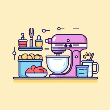 Tezgahın üstünde duran pembe bir mikser.