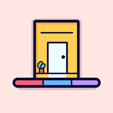 Sarı bir kapı rafın üstünde duruyor.