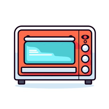 Beyaz zemin üzerinde kırmızı ve beyaz bir mikrodalga fırın.